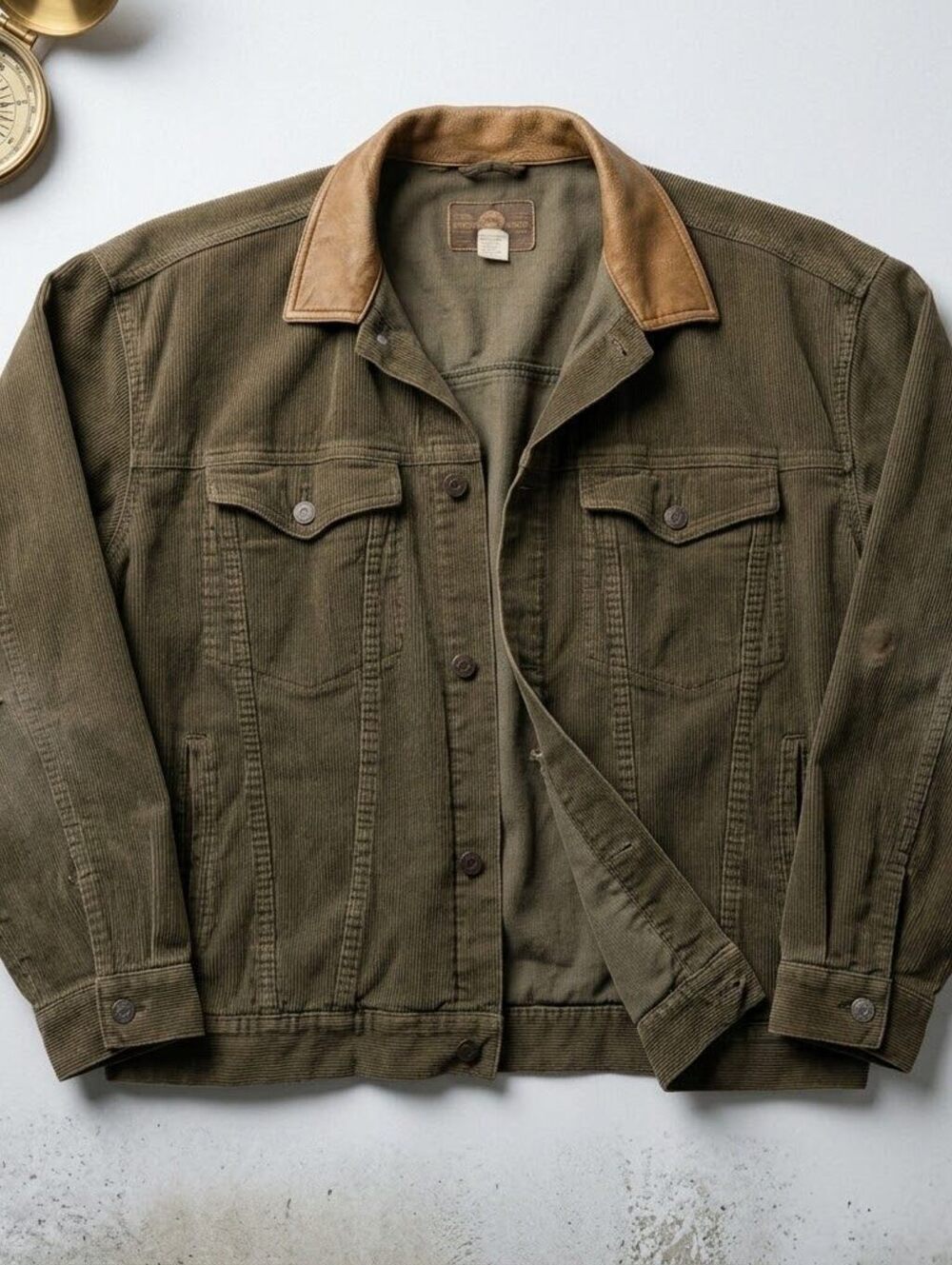Vintage GAP Classic Corduroy Trucker Jacket XL Olive Green Distressed Leather